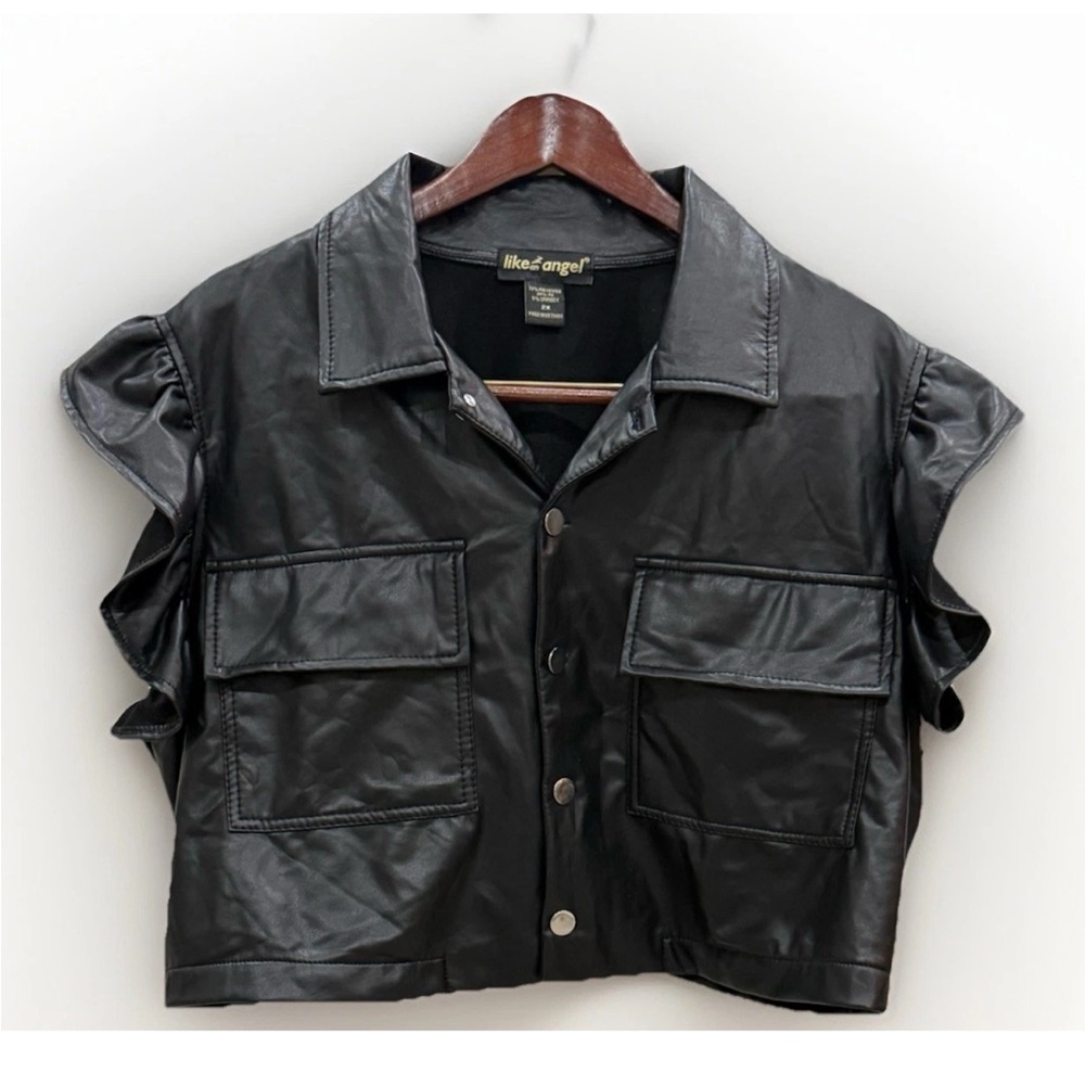 Like an Angel Faux Leather Utility Vest Black Cropped Snap Front 2X